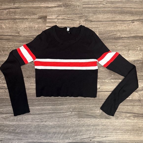 Cool Attitude Tops - Chic Black Crop Top with Red and White Stripes